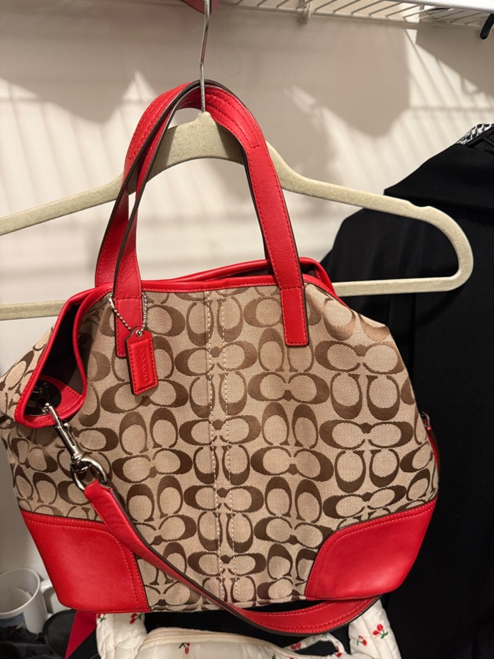 Coach Signature Canvas Tote with Red Leather Trim